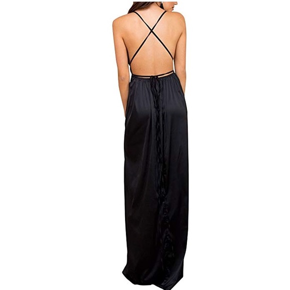 Black open back satin slit maxi dress - Picture 2 of 4